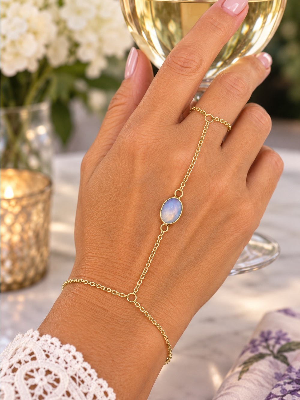 Hand Crafted Gold Plated Hand Chain Bracelet with Opalescent Stone